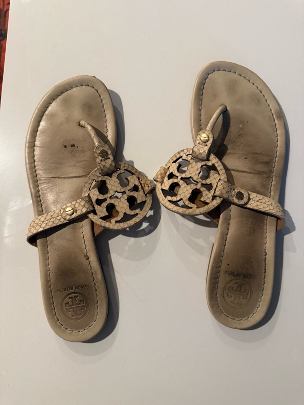 Tory Burch Chelsea Snake-Embossed Leather Miller Sandals in Taupe